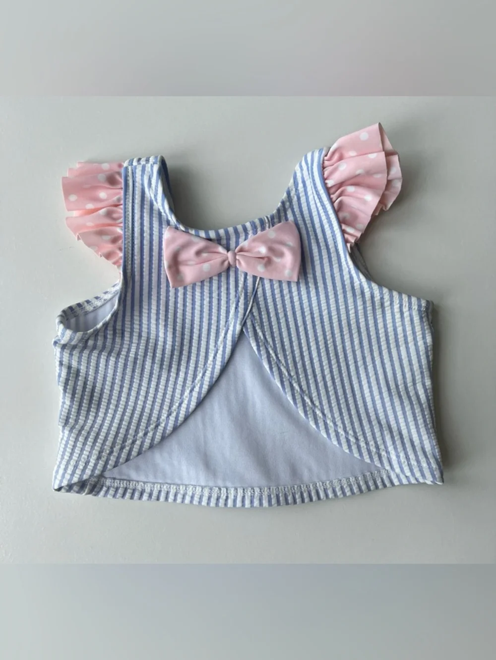 RuffleButts Blue Seersucker Two-Piece Swimsuit with Pink Polka Dot Ruffles